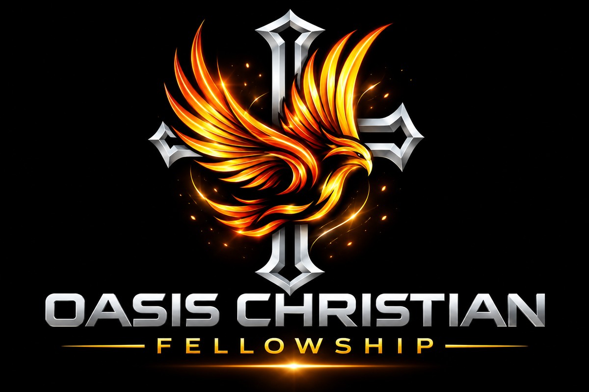 Oasis Christian Fellowship logo: a flaming dove over a silver cross
